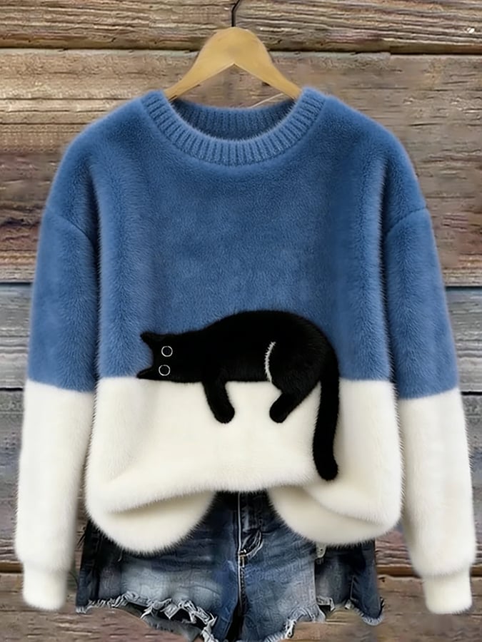 Cat Print Oversized Sweater - Blue