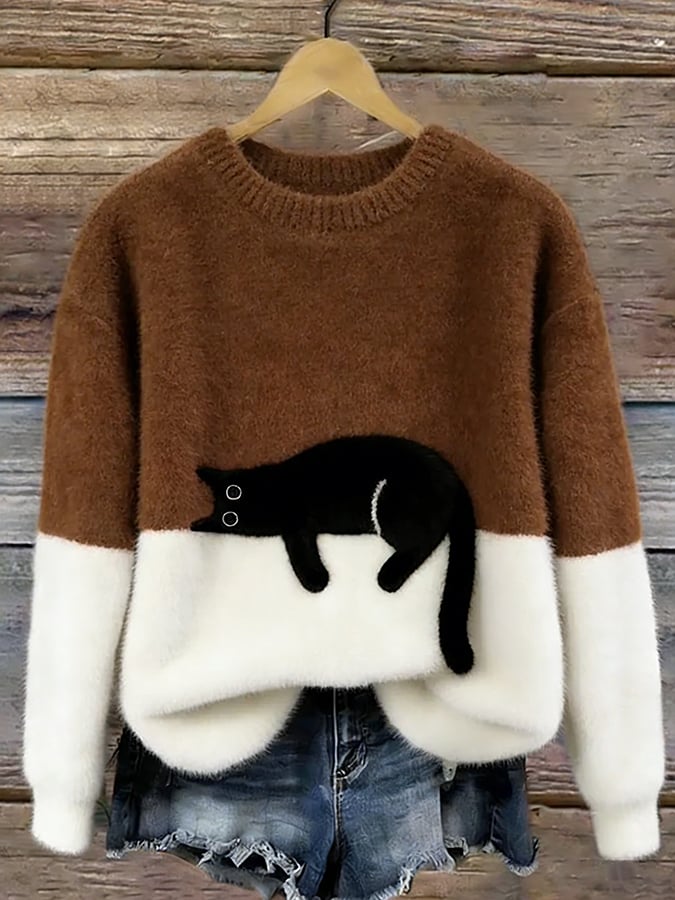 Cat Print Oversized Sweater - Brown