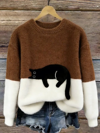 Cat Print Oversized Sweater - Brown