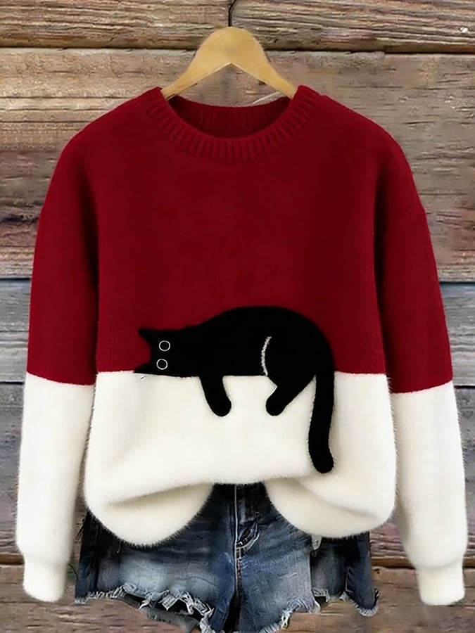 Cat Print Oversized Sweater - Burgundy