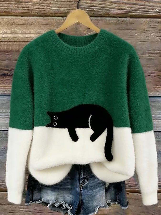 Cat Print Oversized Sweater - Green