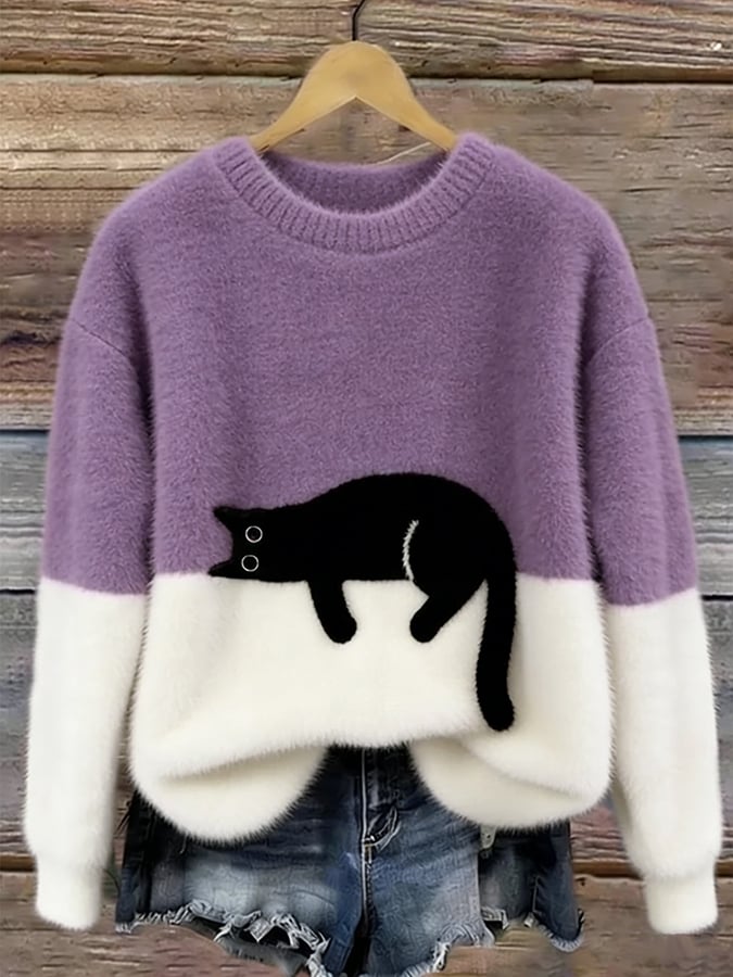 Cat Print Oversized Sweater - Lavender
