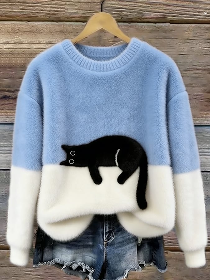 Cat Print Oversized Sweater - Light Blue