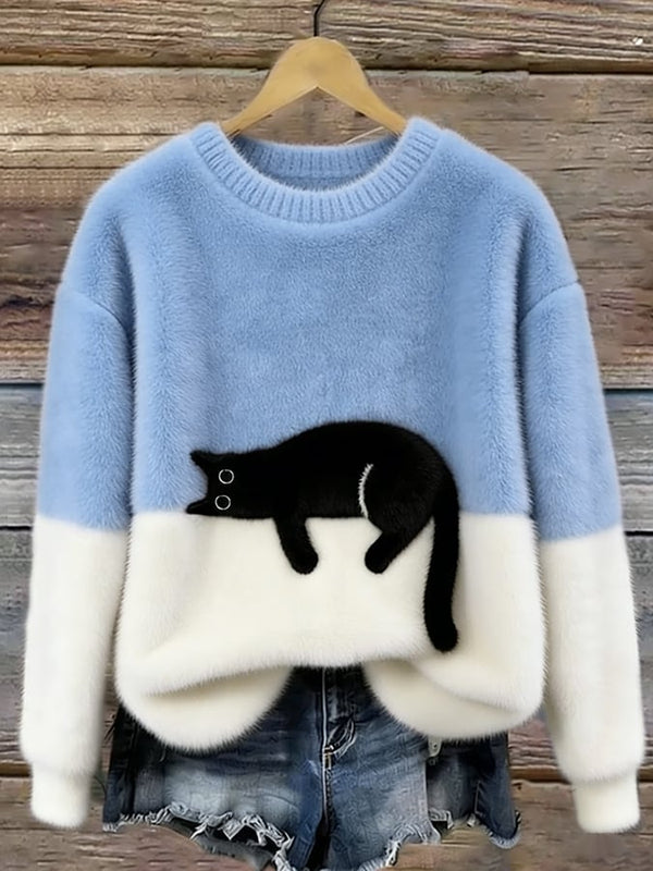 Cat Print Oversized Sweater - Light Blue