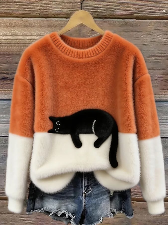 Cat Print Oversized Sweater - Orange