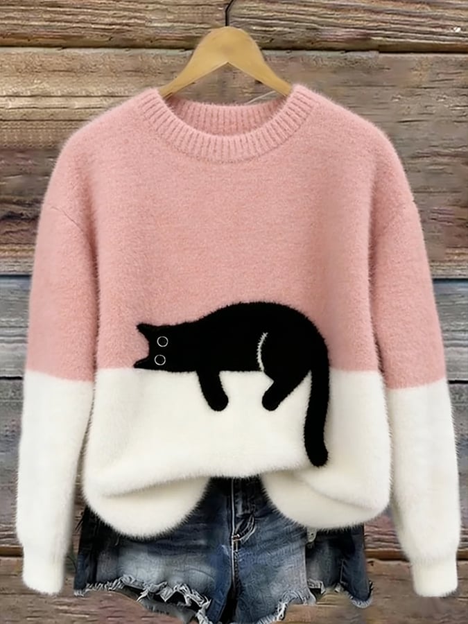 Cat Print Oversized Sweater - Pink