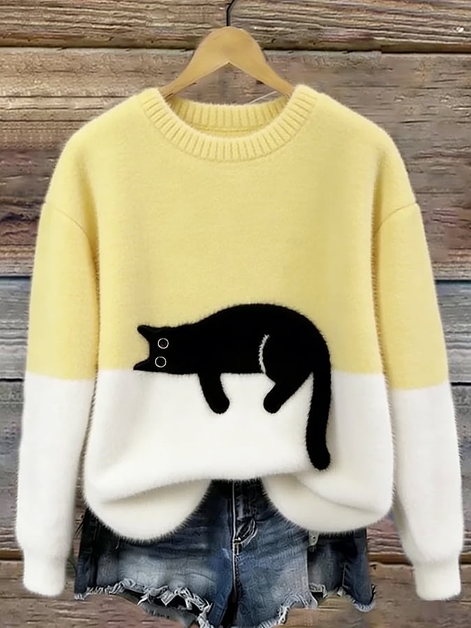 Cat Print Oversized Sweater - Yellow