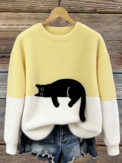 Cat Print Oversized Sweater - Yellow