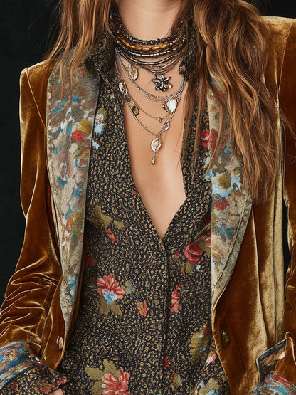 Vintage Lapel Polyester Velvet Floral Print Patchwork Blazer