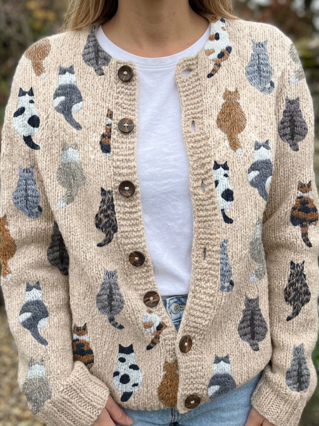 Charlotte Cozy Cat Print Cardigan Beige