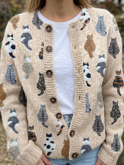 Charlotte Cozy Cat Print Cardigan Beige