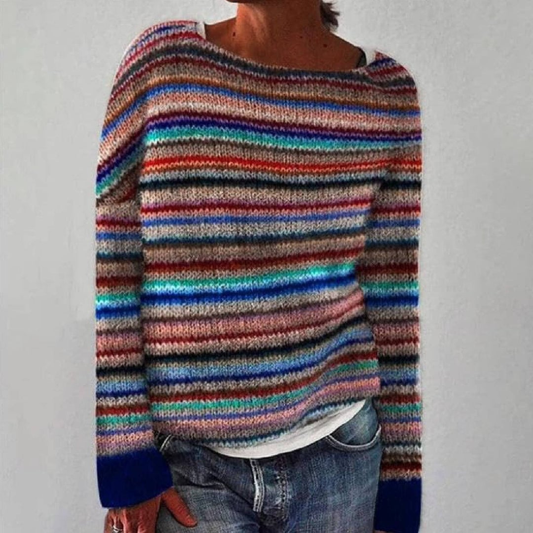 Donna Cozy Striped Sweater – multicolor stripes with blue cuffs