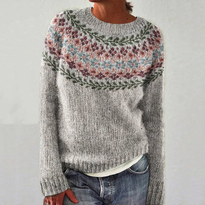 Barbara Cozy Retro Sweater – grey knit with floral yoke