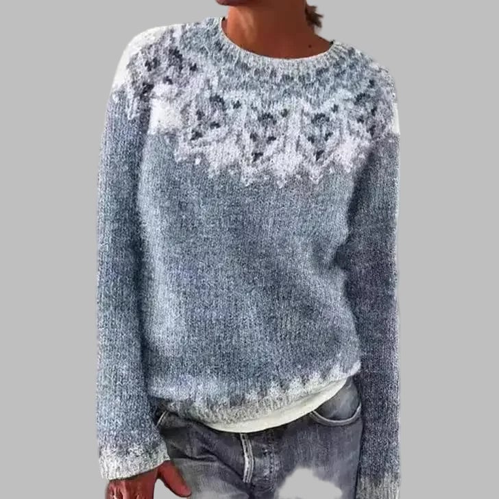 Nancy Cozy Retro Sweater – blue knit with white patterned yoke