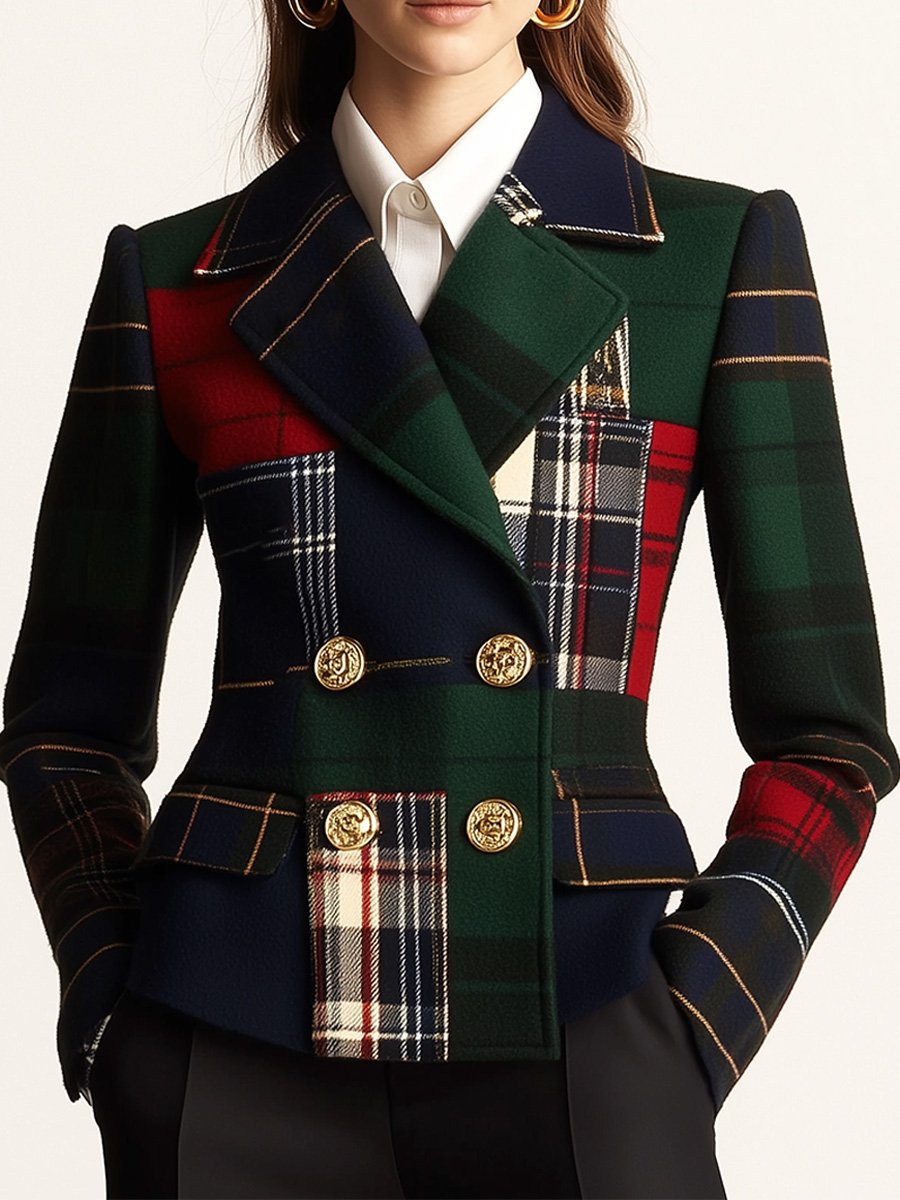Plaid double-breasted woolen blazer