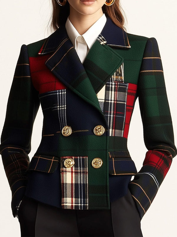 Plaid double-breasted woolen blazer
