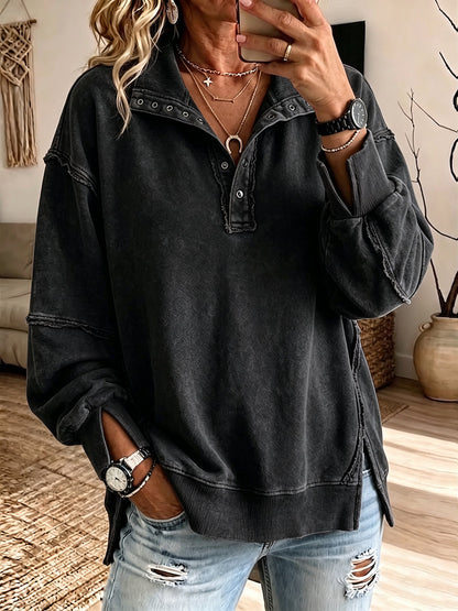 Stephanie - Oversized Raw-Edge Henley Sweatshirt