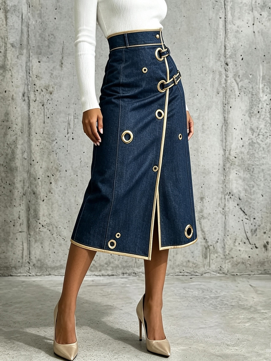 Danielle - Gold Piping Denim Wrap Midi Skirt