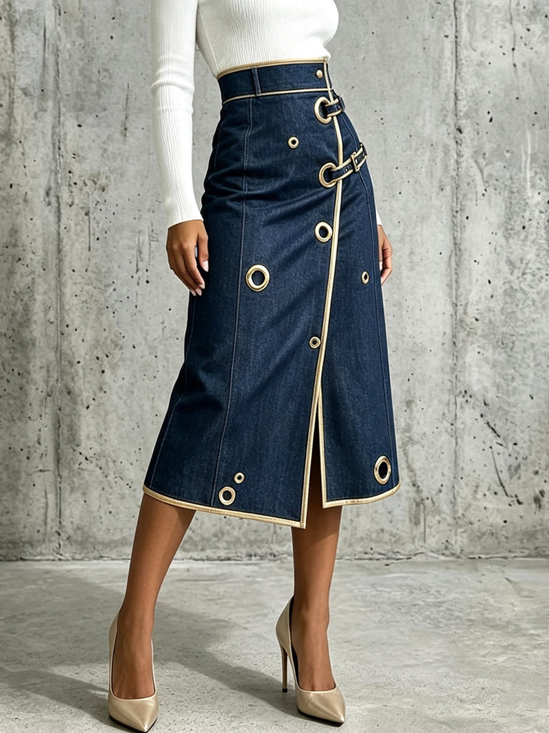 Danielle - Gold Piping Denim Wrap Midi Skirt