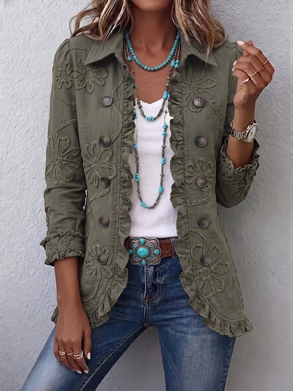 Olive floral embroidered ruffle trim button-up jacket, front view
