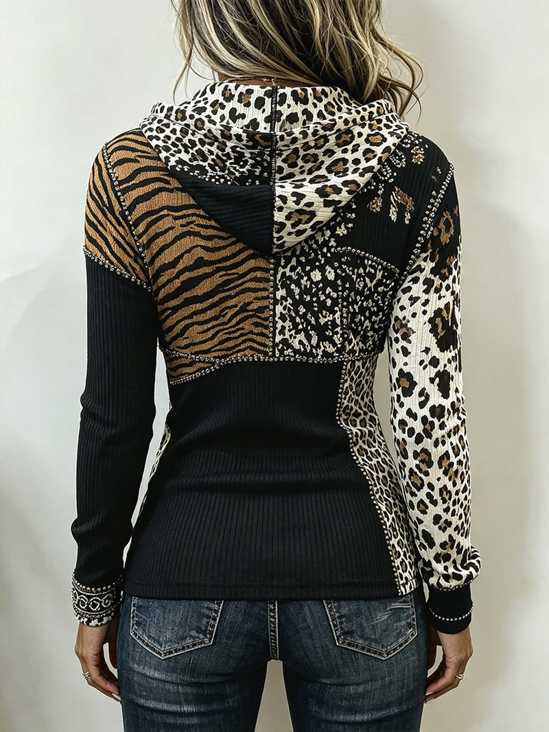 Kayla - Animal Patchwork Ribbed Hoodie