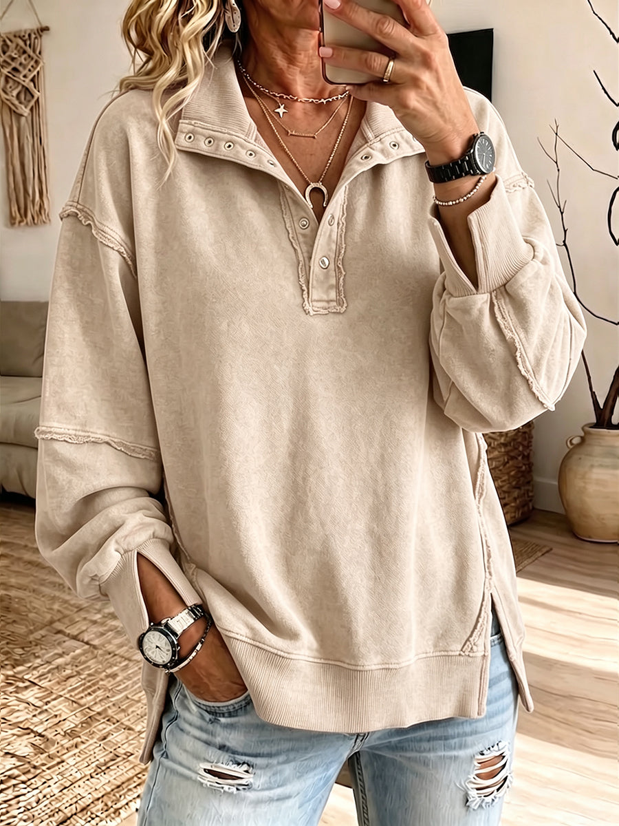 Stephanie - Oversized Raw-Edge Henley Sweatshirt
