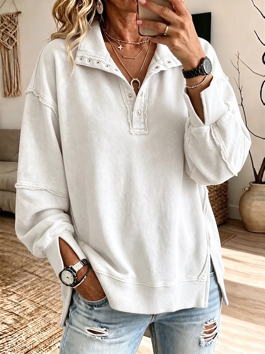 Stephanie - Oversized Raw-Edge Henley Sweatshirt