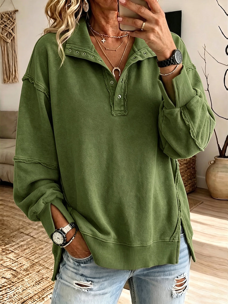Stephanie - Oversized Raw-Edge Henley Sweatshirt