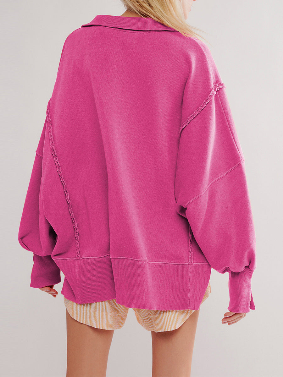 Stephanie - Oversized Raw-Edge Henley Sweatshirt