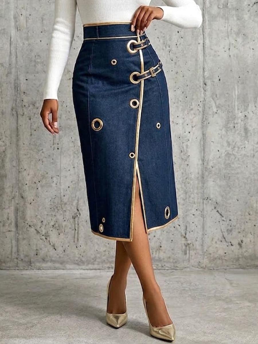 Danielle - Gold Piping Denim Wrap Midi Skirt