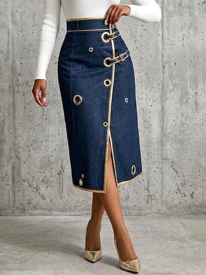 Danielle - Gold Piping Denim Wrap Midi Skirt