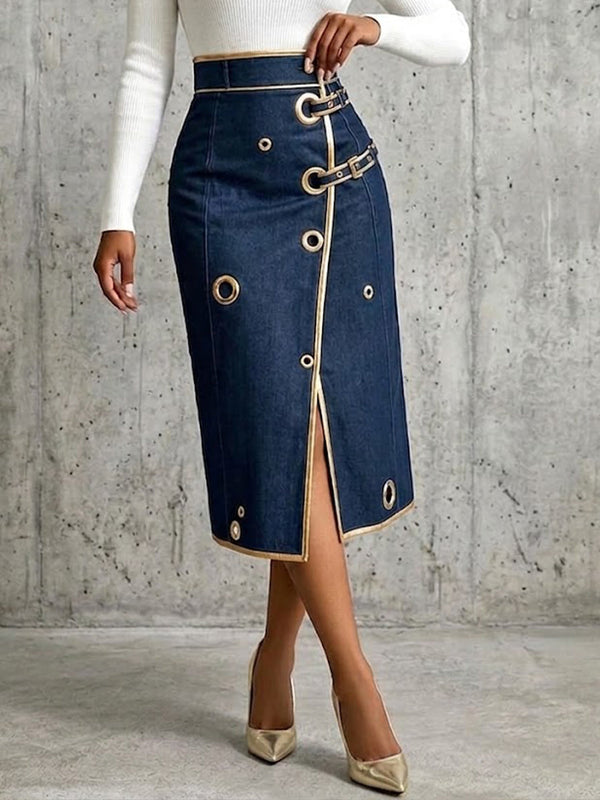 Danielle - Gold Piping Denim Wrap Midi Skirt