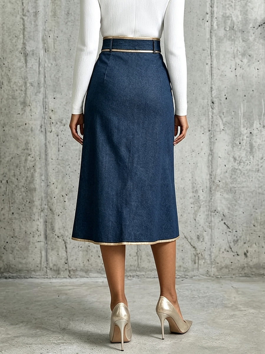 Danielle - Gold Piping Denim Wrap Midi Skirt
