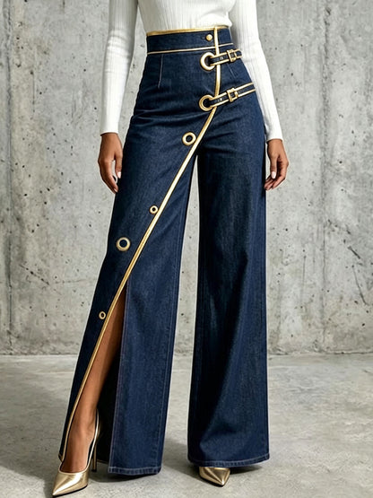 Heather - Gold Piping Wide-Leg Jeans