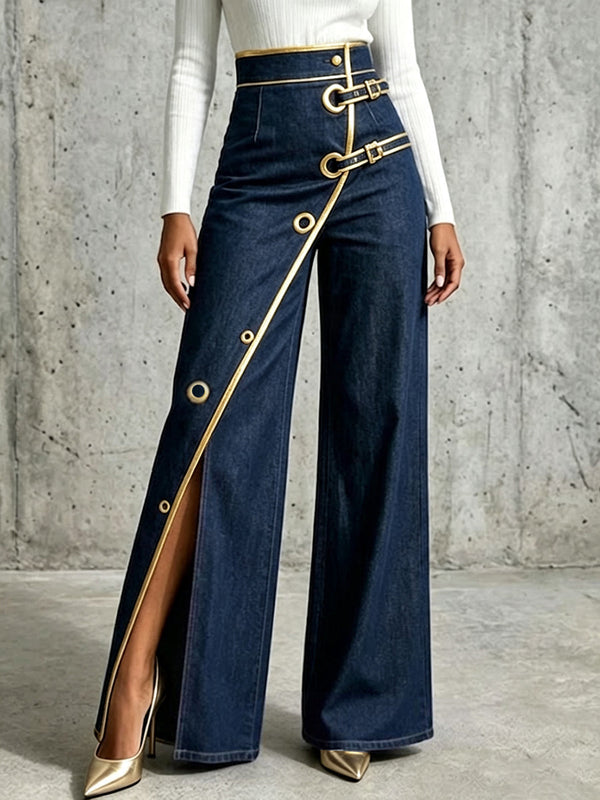 Heather - Gold Piping Wide-Leg Jeans