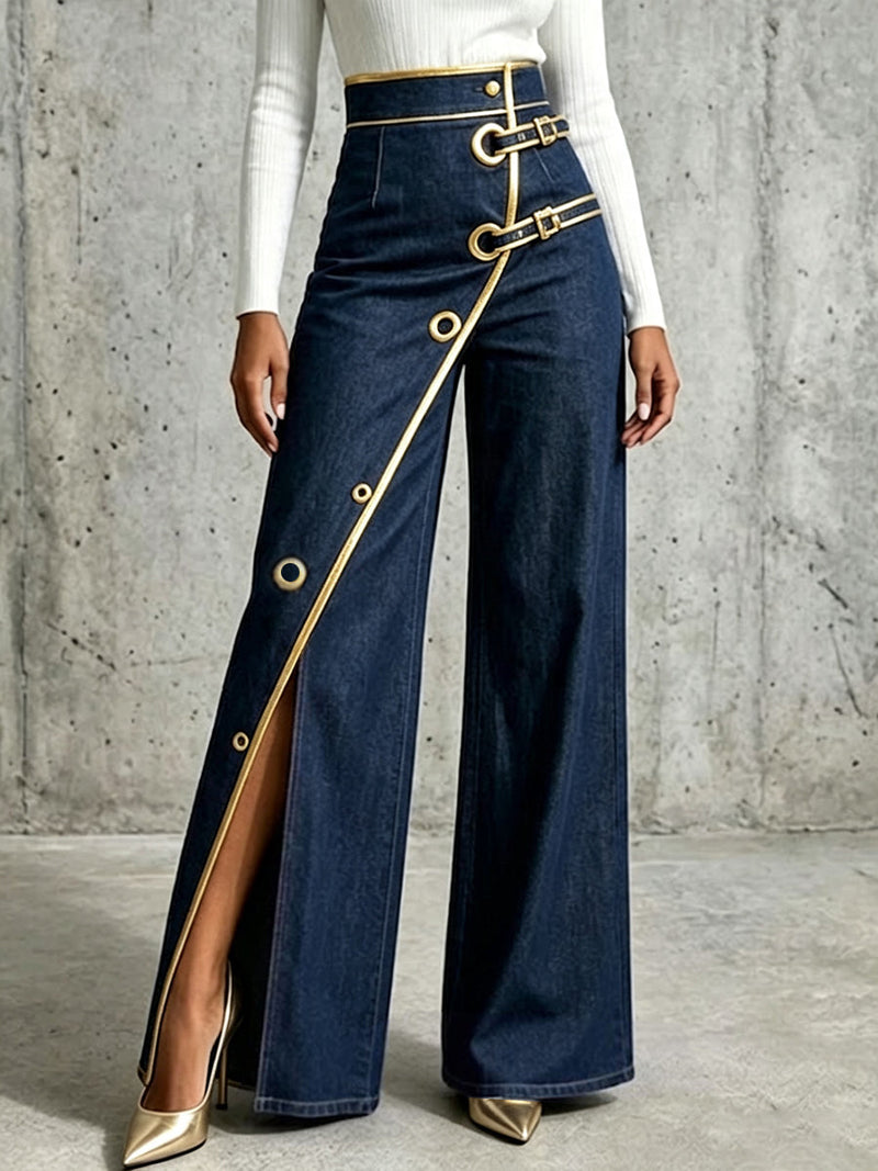 Heather - Gold Piping Wide-Leg Jeans