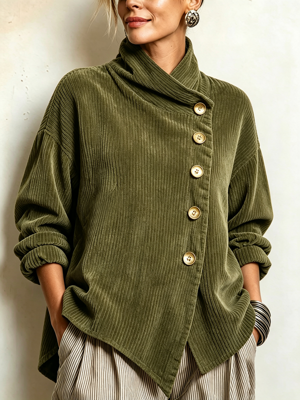 Chic High Funnel Neck Asymmetric Corduroy Top - Olive