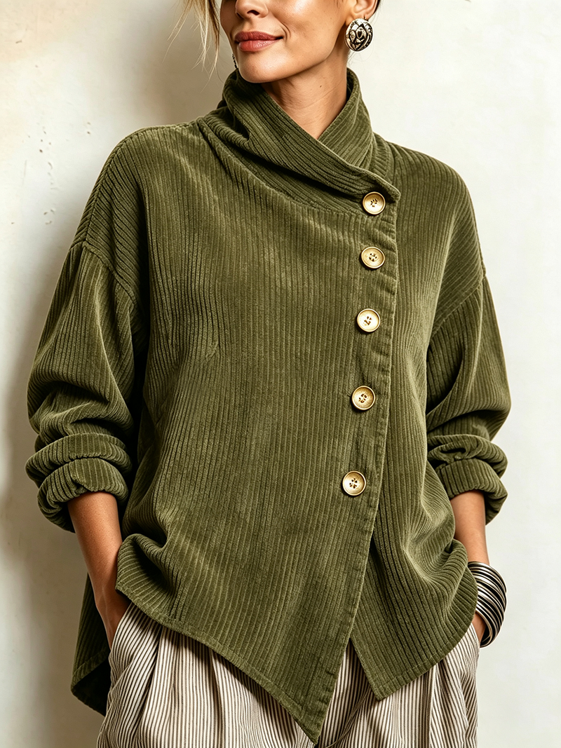 Chic High Funnel Neck Asymmetric Corduroy Top - Olive