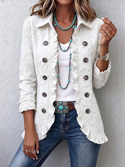 Kristen - Floral Embroidered Ruffle Utility Jacket