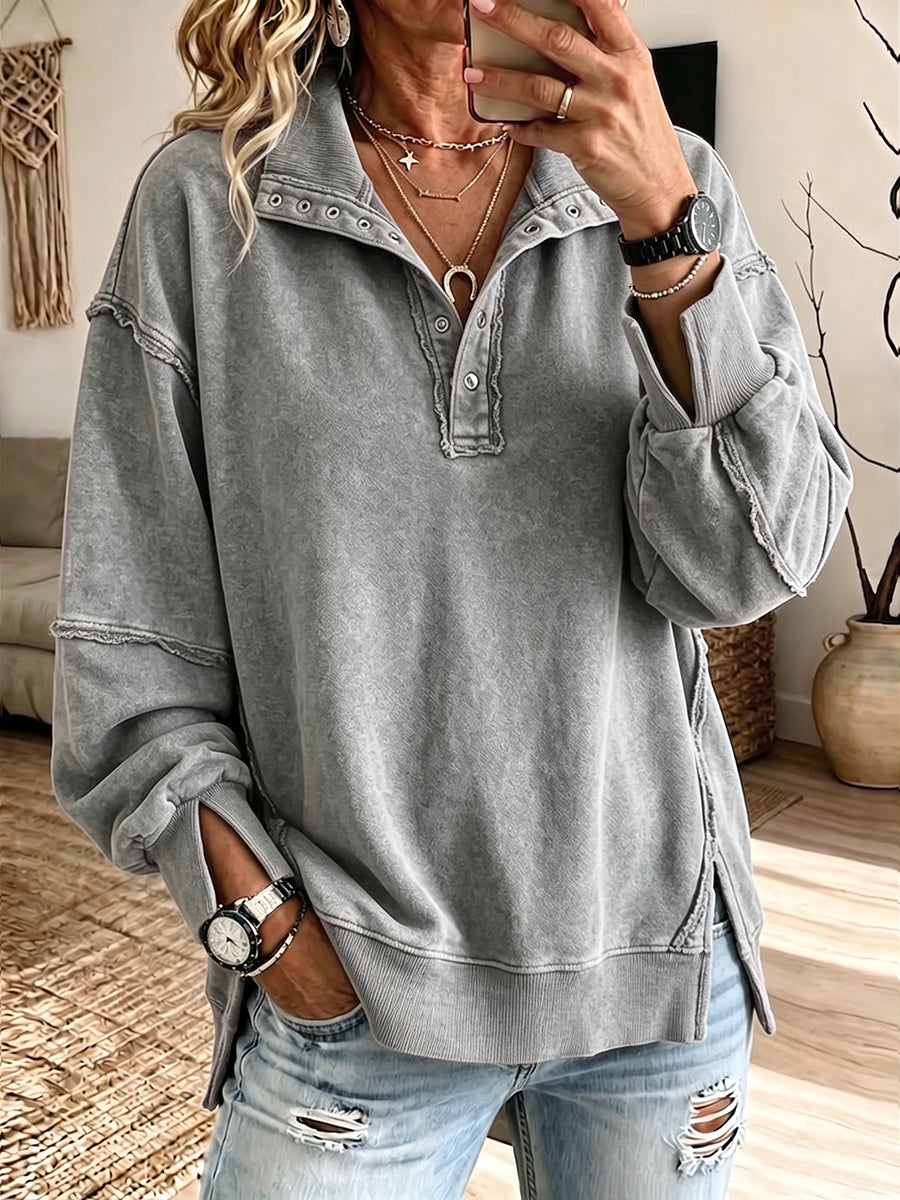 Stephanie - Oversized Raw-Edge Henley Sweatshirt
